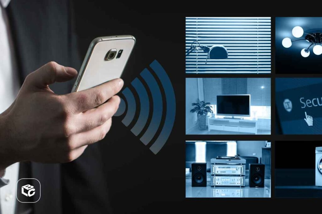 Smartphone controlando automação residencial, com painéis de segurança e iluminação.